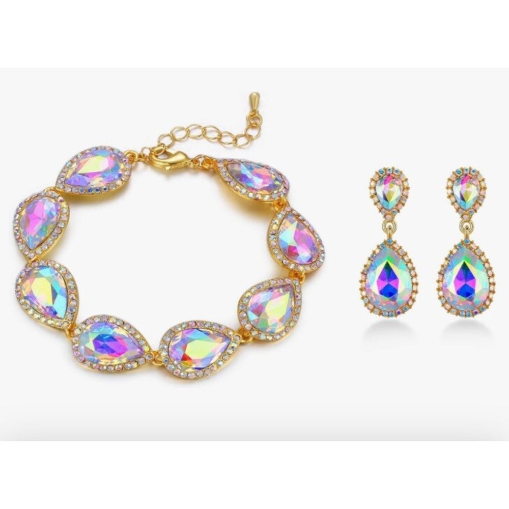 Gold Tone Metal Crystal Rhinestone Lobster Claw Bracelet  And Dangle Earrings‎